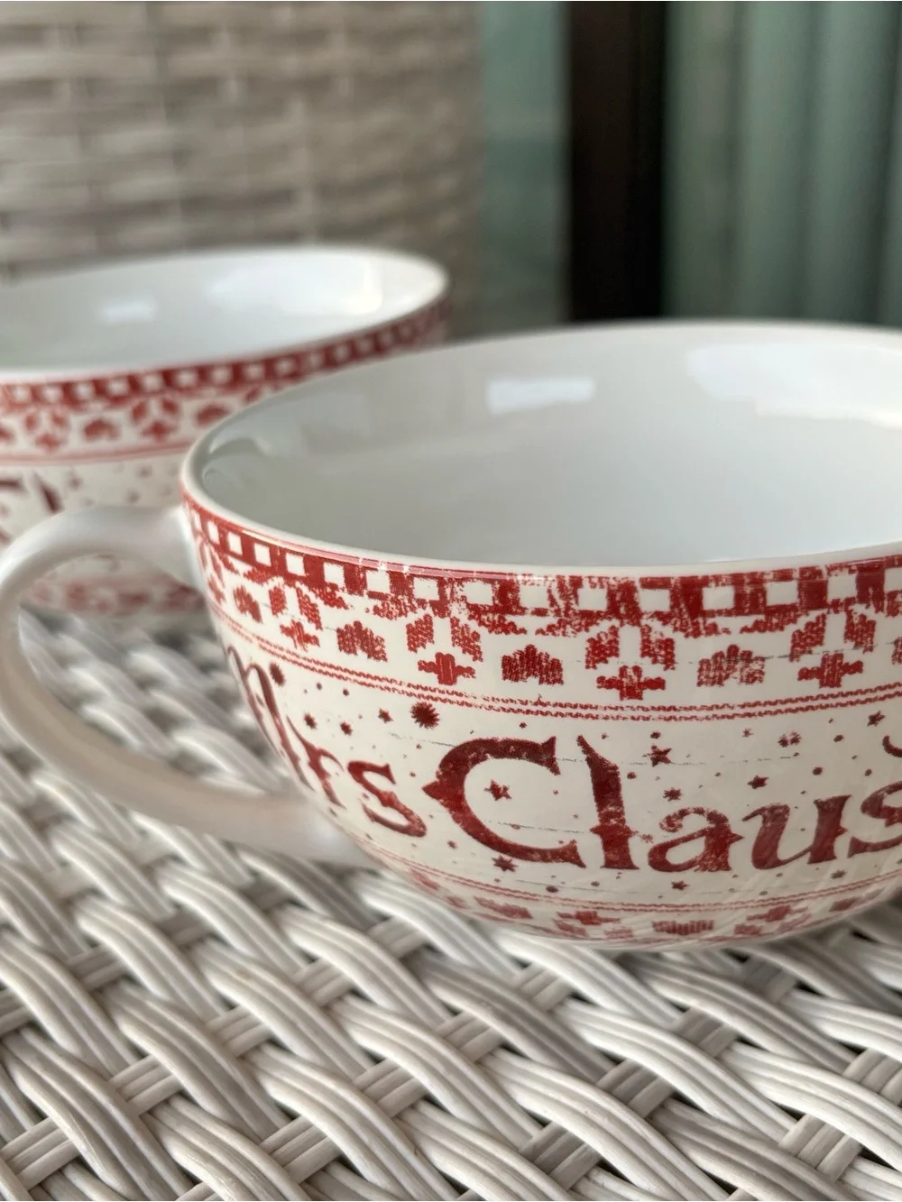 Pier 1 vintage Red and White 'Mrs. Claus' Holiday Ceramic Mugs set of 2